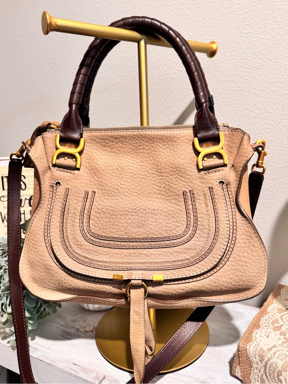 Chloe Marcie Medium Leather Shoulder Bag with Dark Brown Handles